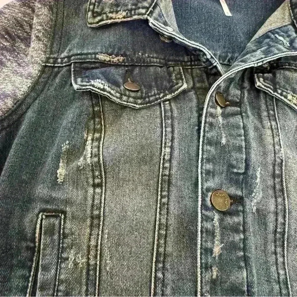 Free People Denim And Knit Hooded Grunge Western Jacket in  Indigo Blue Small - Picture 10 of 13